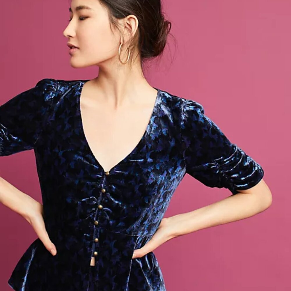 MAEVE ANTHROPOLOGIE Isolbel crushed velour short sleeve cardigan top NWT